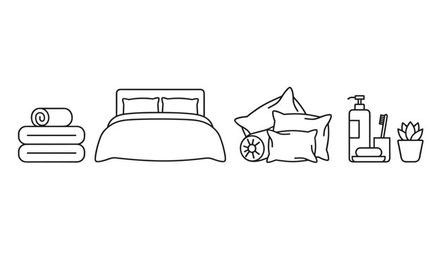 Line art icons of bedroom and bathroom amenities including rolled towels, a made bed, decorative pillows, and a potted plant.