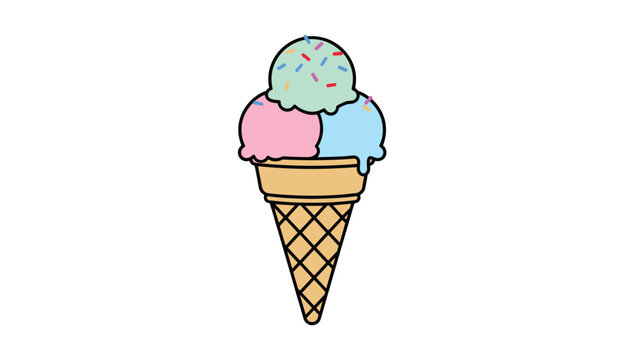 Delicious three-scoop ice cream cone with mint, strawberry, and blue bubblegum flavors topped with colorful sprinkles.