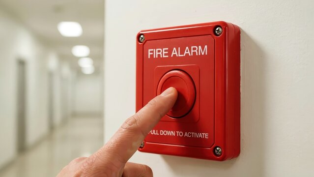 Person pressing a bright red fire alarm button mounted on a white wall in an office corridor