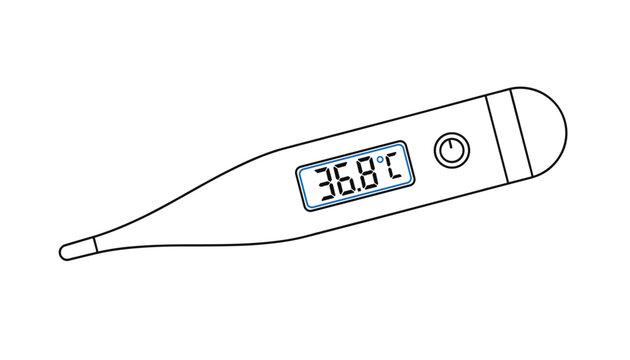 Line art illustration of a digital medical thermometer displaying a normal body temperature of thirty-six point eight degrees.