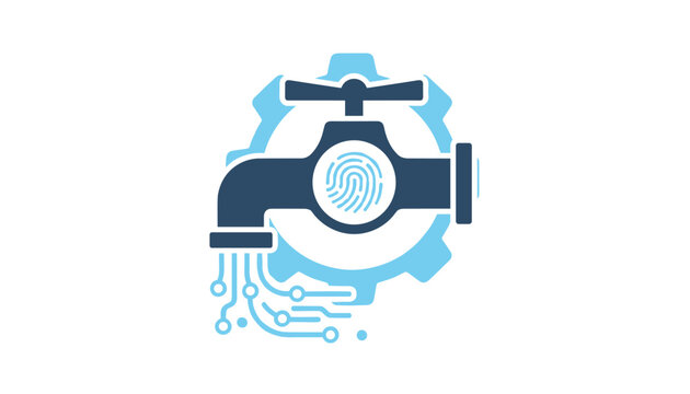 Digital water tap icon with a fingerprint scanner and circuit board lines representing smart plumbing and modern technology.
