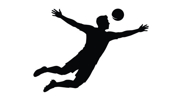 Black silhouette of a professional goalkeeper diving heroically to catch a football during an intense match in a sports stadium.
