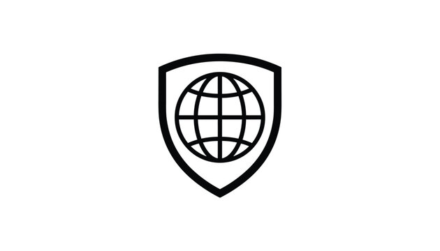 Minimalist outline icon of a protective shield enclosing a globe representing global cybersecurity data protection and internet safety.
