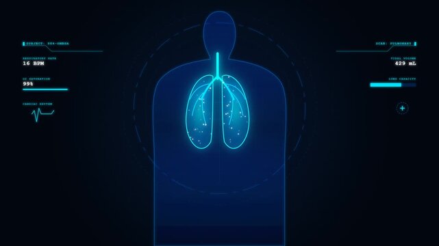 A glowing holographic representation of human respiratory system organs displays medical diagnostic data metrics on a deep blue interface screen to track vital lung health parameters during