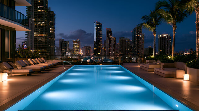Rooftop Pool Glowing Blue Against A Dark City Skyline At Night
