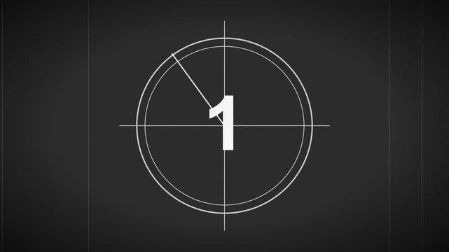 Authentic 35mm retro film countdown leader featuring pulsing numbers, double white circles, crosshair, rotating sweep line, film grain, dust, scratches, and jitter, seamlessly looping from 5 to 1.