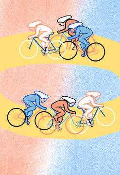 A group of cyclists race each other on a track