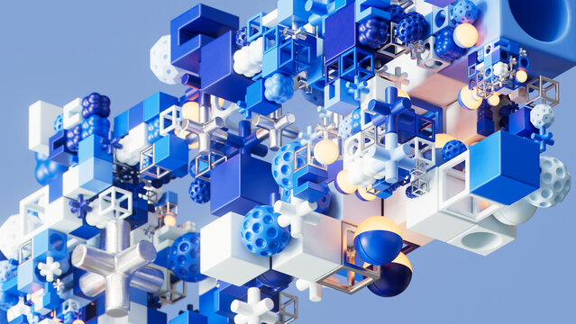 Abstract Blue and White Modular Structure with Metallic Connectors