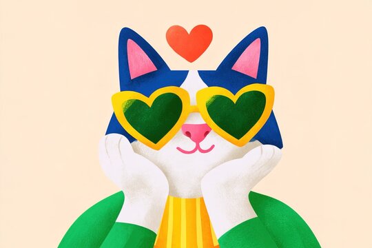 Cute cat wearing heart-shaped sunglasses and smiling