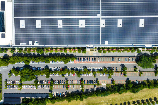 tree-lined parking lot beside solar rooftop factory