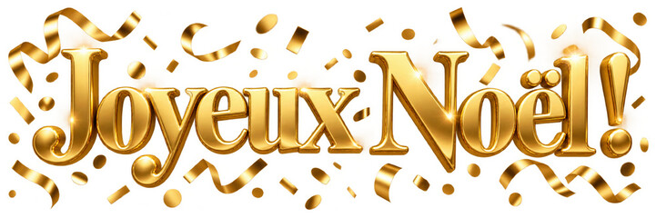 Fototapeta premium Texte 3D doré Joyeux Noël avec des confettis et des rubans étincelants, isolé sur fond transparent. Élément de conception pour carte de vœux