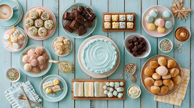 Flat lay of various cakes, cookies, and sweets arranged on a rustic wooden table. Perfect for birthday party and celebration dessert concepts.