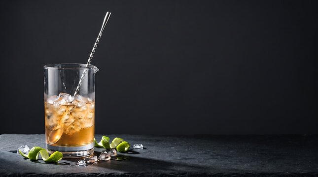 Mixing glass with cocktail and lime peel on a dark slate background