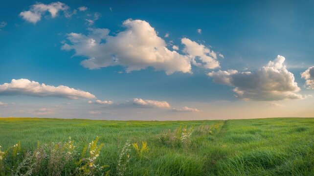 Green meadow landscape beneath blue sky and soft clouds on a peaceful summer day