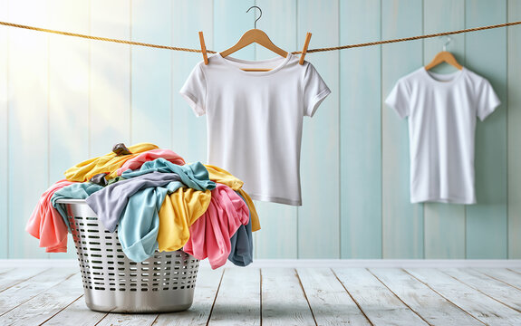 Modern laundry basket overflowing with clean colorful clothes against a sunny pastel wall