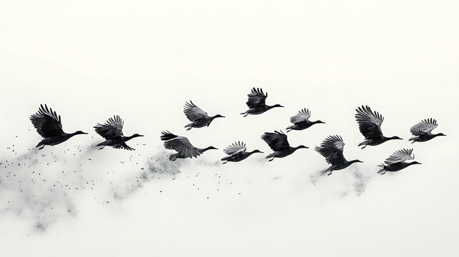 Flock of recreated ancient birds flying in a white void simulation 