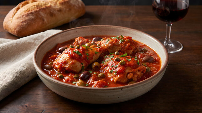 Delicious homemade Chifa style braised chicken dish with rich tomato sauce, olives and capers served in bowl