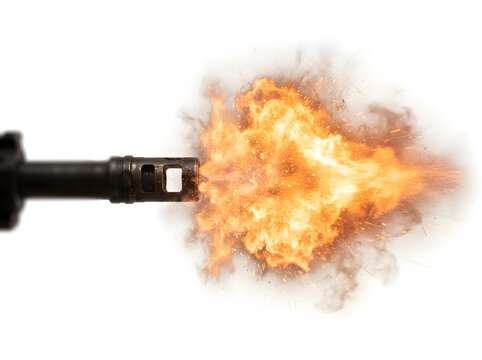 Muzzle flash erupting from a firearm barrel isolated on a white background