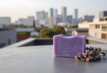 Obraz premium Self care and wellness, lavender soap bar with dried flowers on a balcony overlooking a city skyline for organic skincare and natural beauty routine