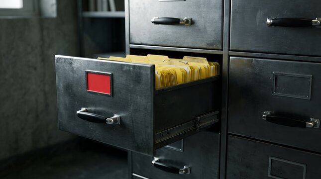Vintage industrial metal filing cabinet with open drawer, dark office cabinet with yellow folders, retro archive document storage