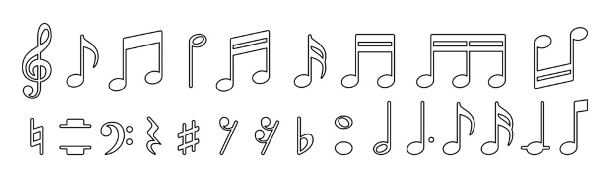 Set of musical notes and music symbols in clean linear style, isolated on transparent background. Stylish vector collection and constructor for creating creative musical compositions