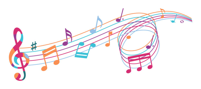 Wavy color musical staff with musical notes flowing along the lines, isolated on transparent background. Creative vector illustration symbolizing music, melody, rhythm, sound and artistic expression