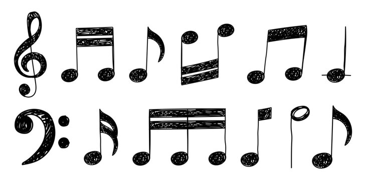 Set of musical notes drawn in hand sketch pencil style. Artistic vector illustration with shaded strokes isolated on a transparent background, ideal for music design, decoration, and creative projects