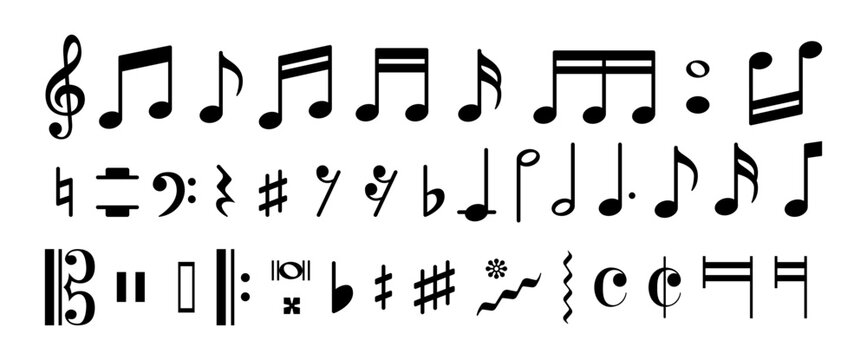 Set of music notes symbols isolated on transparent background, flat design vector illustration