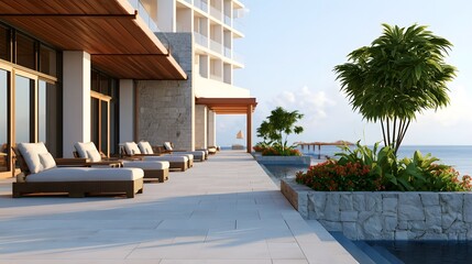 Obraz premium Modern luxury hotel terrace with lounge chairs stone walls tropical plants and ocean view under clear sky