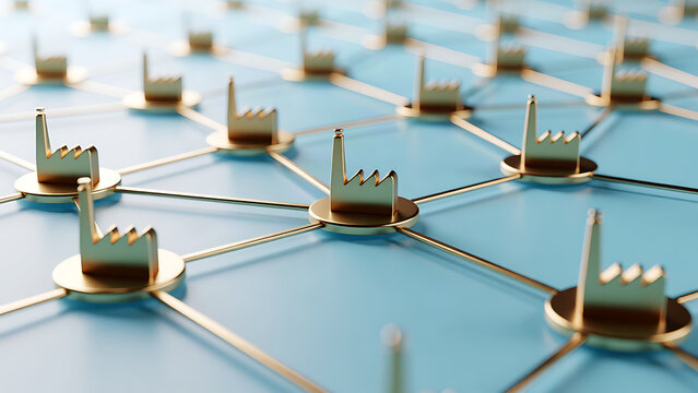 Interconnected factory models on a blue background representing industrial network and supply chain