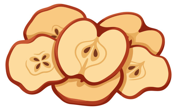 A pile of dried apple slices with visible core and seeds