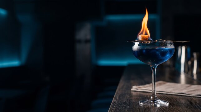 Flaming blue cocktail in a coupe glass on a dark bar counter with copy space