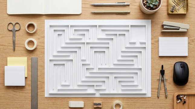 Office Supplies Arranged Around Blank Maze on Wooden Desk Top View