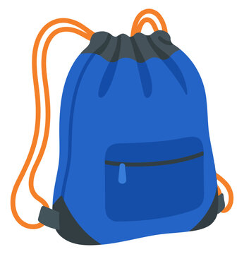 Blue drawstring backpack with front zipper pocket isolated on white background