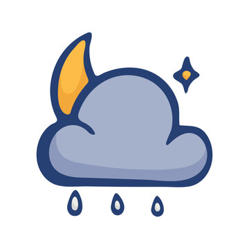 Rainy night icon for weather forecast. Hand drawn doodle clipart for evening forecast, nighttime showers, meteorology apps and climate graphics