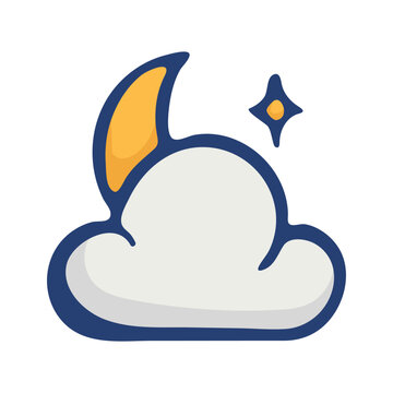 Moon and cloud icon for night weather forecast. Hand drawn doodle clipart for apps, evening conditions, meteorology graphics and nighttime UI.