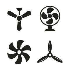 Set of black fan icons including ceiling fan desk fan and ventilation propeller blades Vector © alien AZ