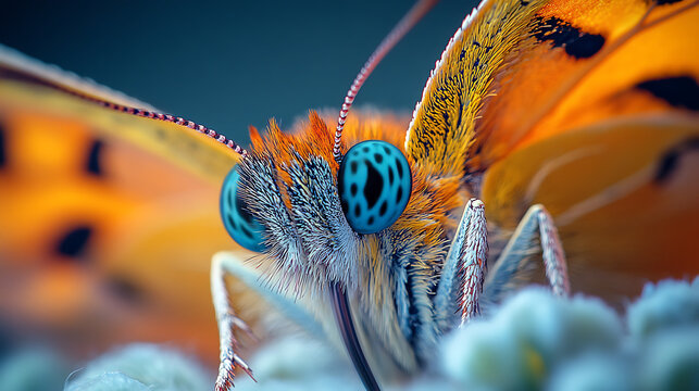 Close-up of a butterfly proboscis unfurling to feed on a simulated nectar source in a controlled lab setting, captured with cinematic photography, emphasizing the delicate feeding mechanism 