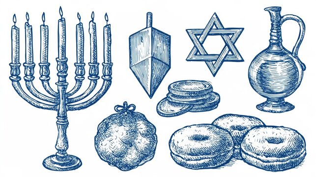 Traditional Hanukkah items like a menorah, dreidel, Star of David, olive oil lamp, gelt, and sufganiyot on a white background.
