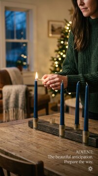 Holiday tradition ritual: Advent candle, female hand, ignite match, wooden holder, blue taper, cozy sweater, pine tree, warm glow, festive season, home celebration.
