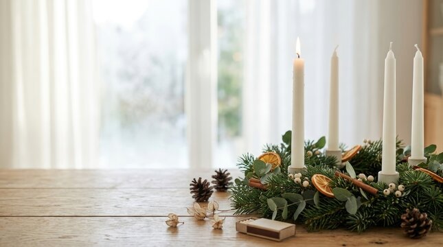 Ceremonial table wreath: Advent candle, pine branch, fir needle, orange slice, cinnamon stick, wooden board, matchbox object, interior decor, holiday tradition.