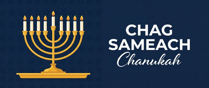 Hanukkah menorah Chag Sameach banner background featuring lit golden menorah candelabra with Chag Sameach Chanukah greeting typography text for Jewish holiday celebration banner, card, and backdrop.