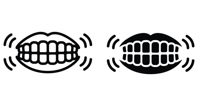 Chattering teeth icon set representing cold weather shivering fear or dental bruxism with vibrating mouth symbols for health and medical design
