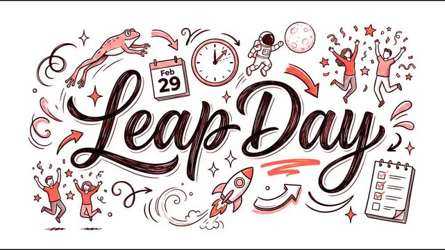 Leap Day hand drawn lettering typography illustration with jumping frog February 29 calendar clock and celebratory doodles vector background.
