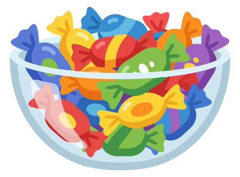 Glass bowl filled with colorful wrapped hard candies