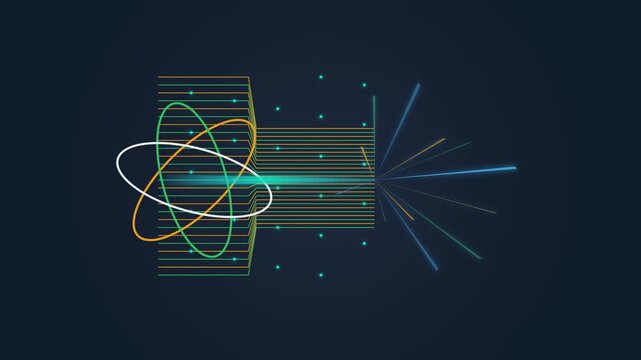 Abstract data processing animation with atomic structure and flowing circuit lines scientific concept displaying glowing orbital rings around a central node with streams and energetic light