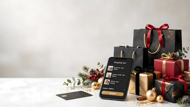 Compras navide&ntilde;as online con smartphone y regalos festivos con espacio para texto.