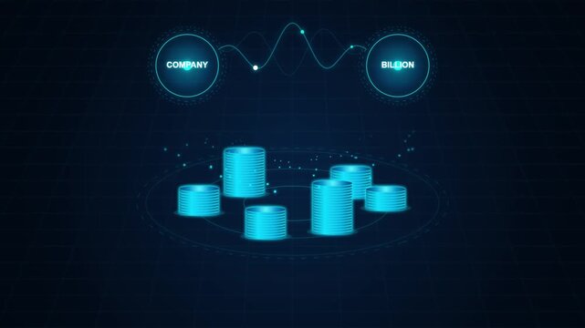 Digital corporate finance visualization with company and billion text over glowing currency stacks graphic animation of virtual coin representing financial assets with business terminology