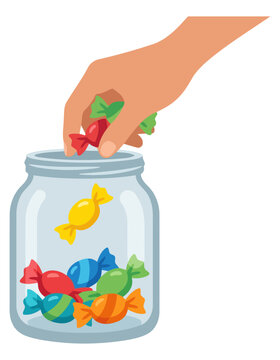 Hand dropping candy into glass jar