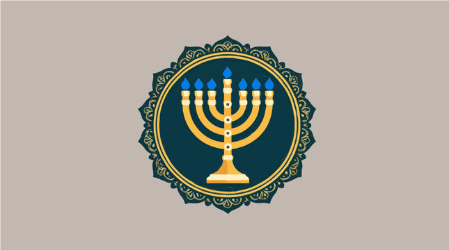 Hanukka vektor golden menorah with blue candle flames in teal frame